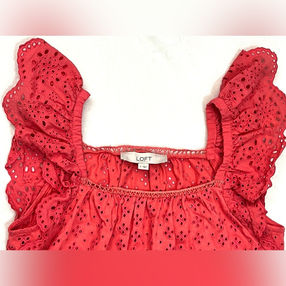 LOFT Women’s Coral Colored Eyelet Sleeveless Blouse with Ruffle Detail Sz Small - Picture 5 of 12